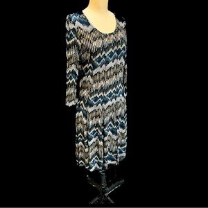 Geometric abstract waterfall midi dress long sleeve stretchy full a-line‎ silky